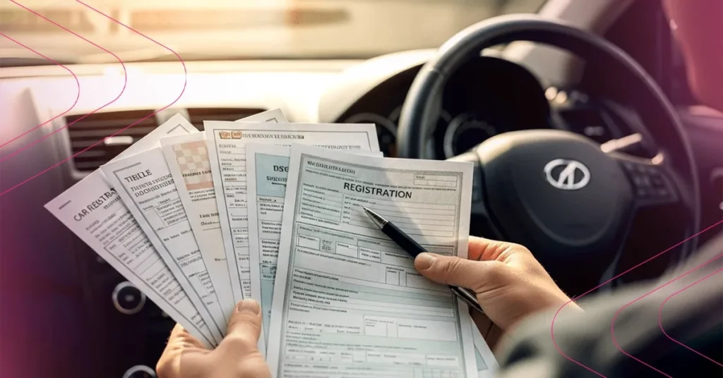 Car registration documents in NSW Australia – hands holding official Service NSW forms, title, CTP insurance and registration papers inside vehicle with steering wheel visible