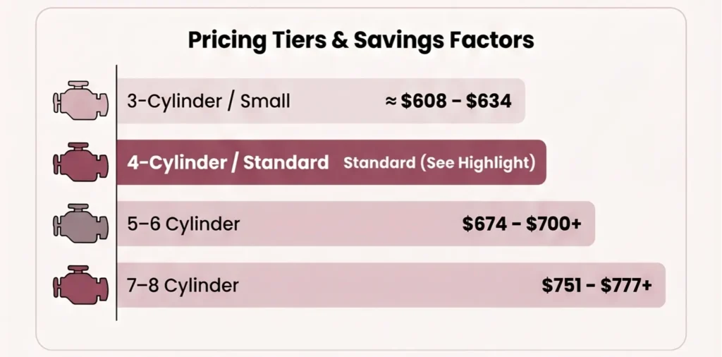 Car registration pricing tiers by engine size – 3-cylinder small to 7-8 cylinder vehicles with annual cost ranges