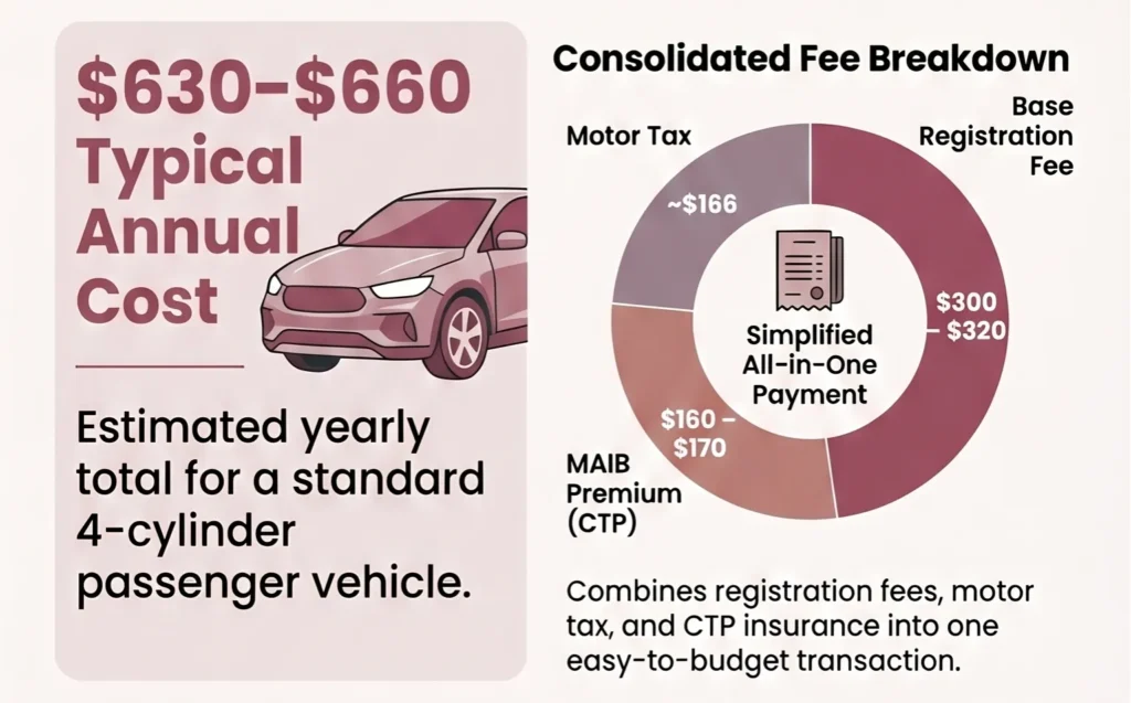 Typical annual car registration cost $630–$660 for a standard 4-cylinder passenger vehicle with consolidated fee breakdown pie chart