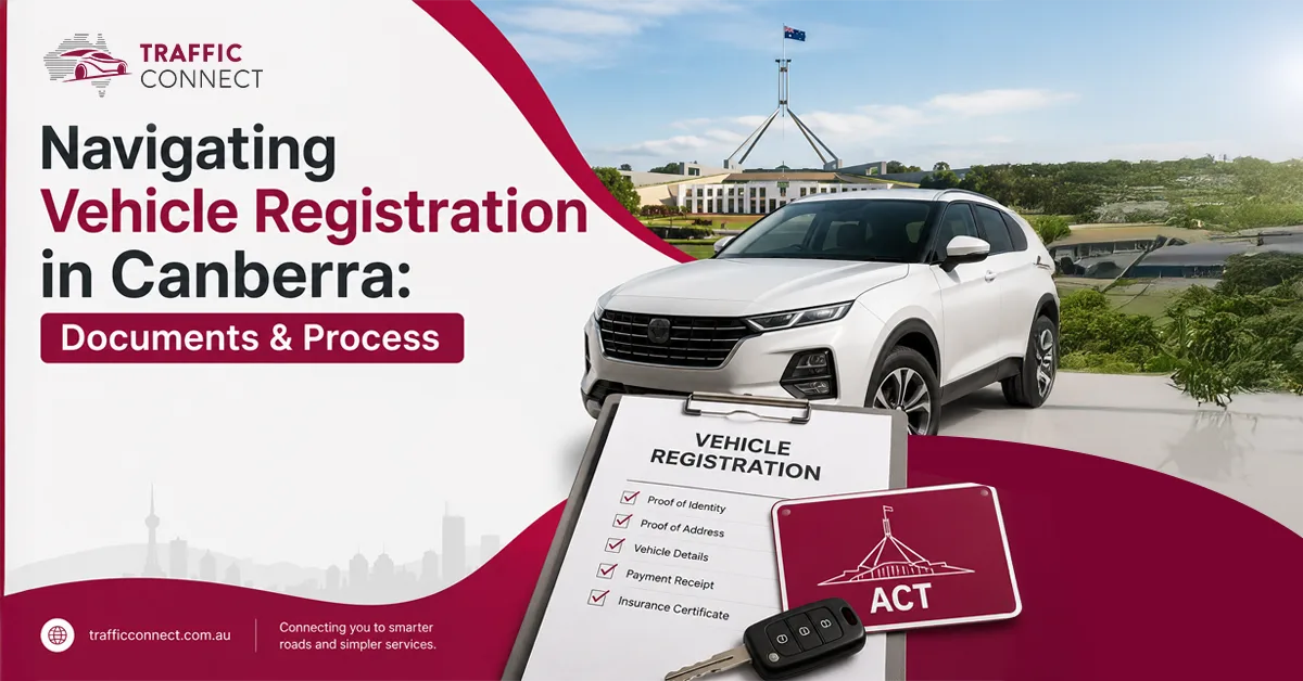 Navigating vehicle registration in Canberra – documents and process guide with white SUV, checklist and ACT plate by Traffic Connect.