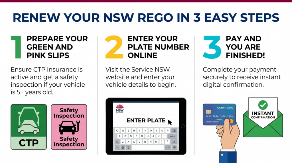 Renew your NSW rego in 3 easy steps – prepare green and pink slips, enter plate number online and complete payment